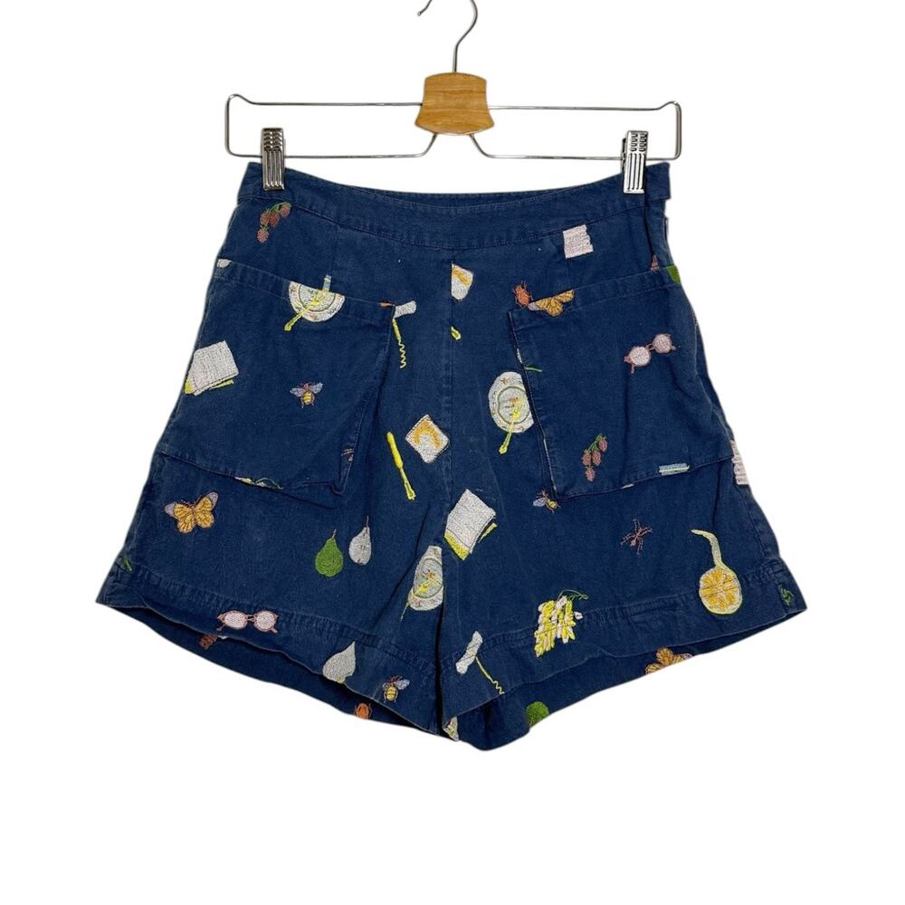 Samantha Pleet Indigo Blue Cotton Novelty Embroidered High Rise Sun Shorts 4 - Picture 2 of 9